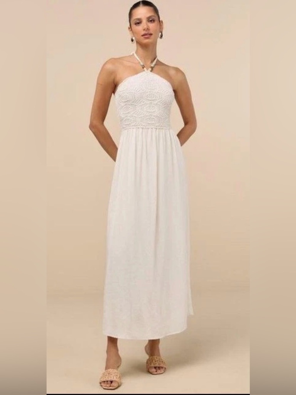 Lulu's White Strapless Crochet Bodice Maxi Dress